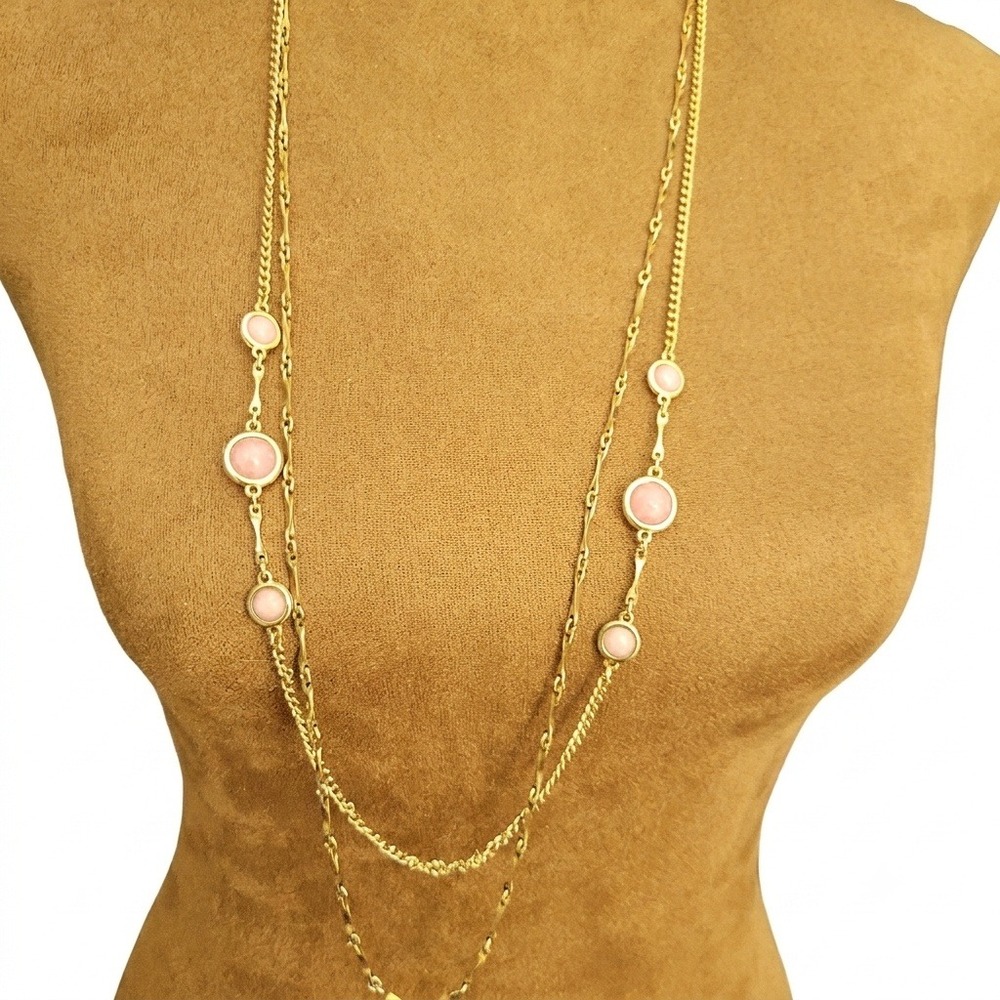Sarah Coventry Vintage Gold Tone Pink Cabochon Double Strand Necklace 36in Retro